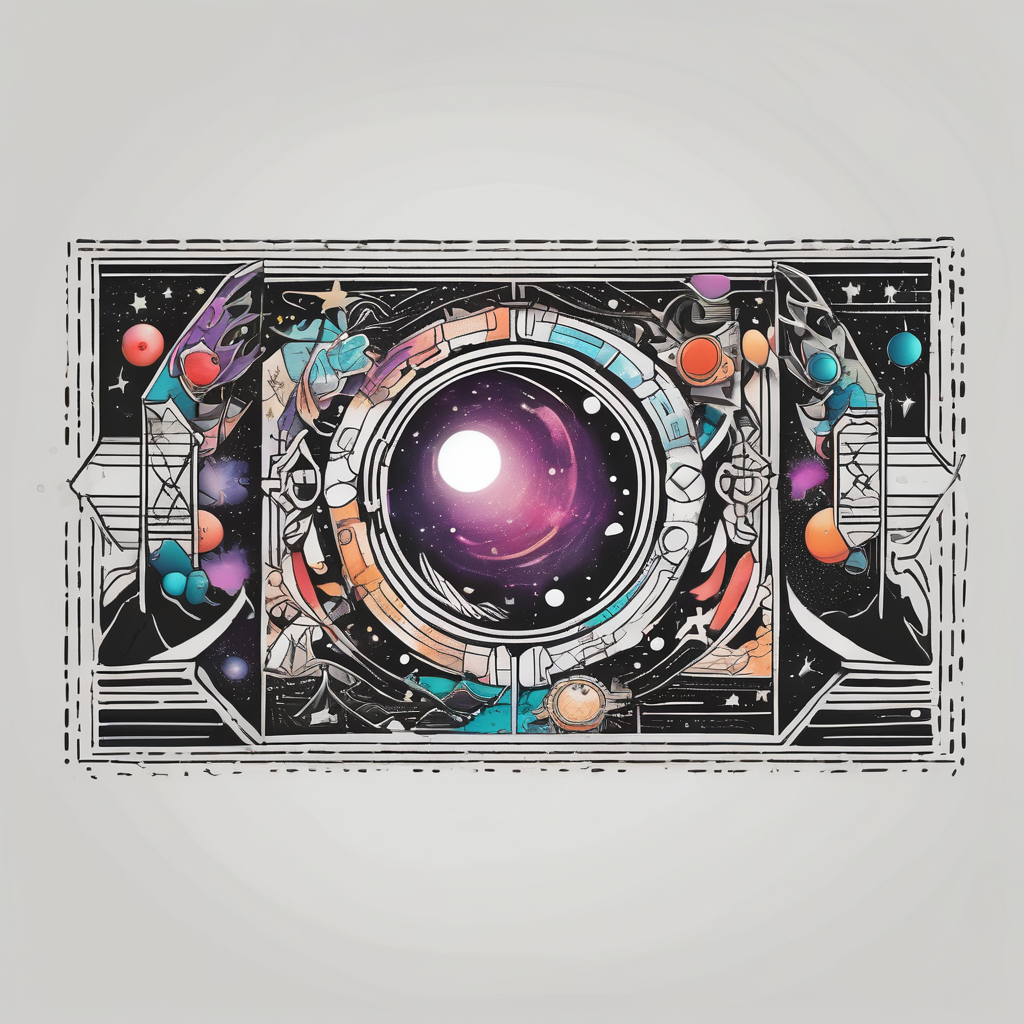 I wanna a tattoo in my wrist with a shape of rectangle wide as a bracelet with astronomy theme galaxy planets and stars english dragon tattoo, AI-generated Cartoon tattoo design